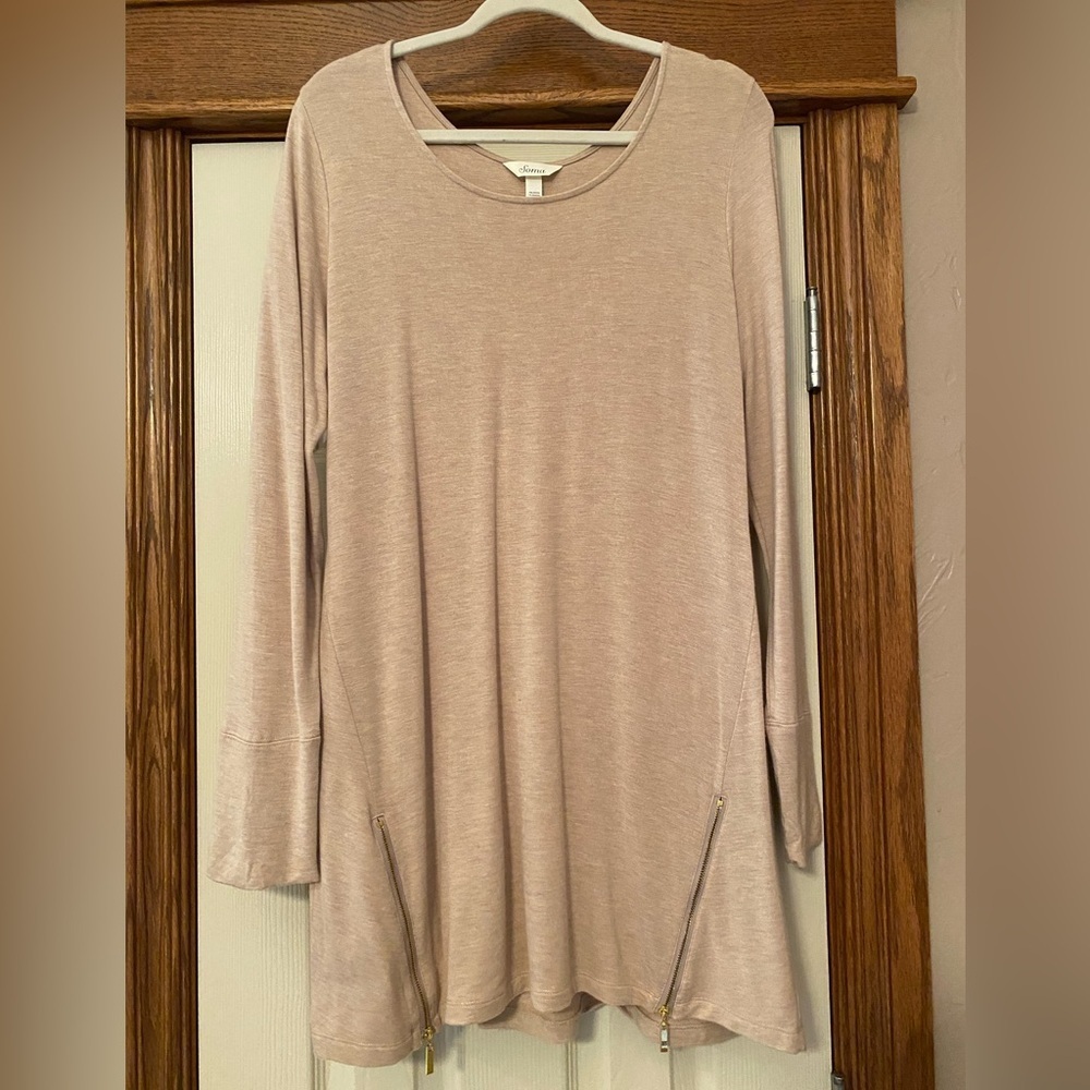 Soma Women’s Beige Long Top Zipper Detail LS Round Neck Sz L